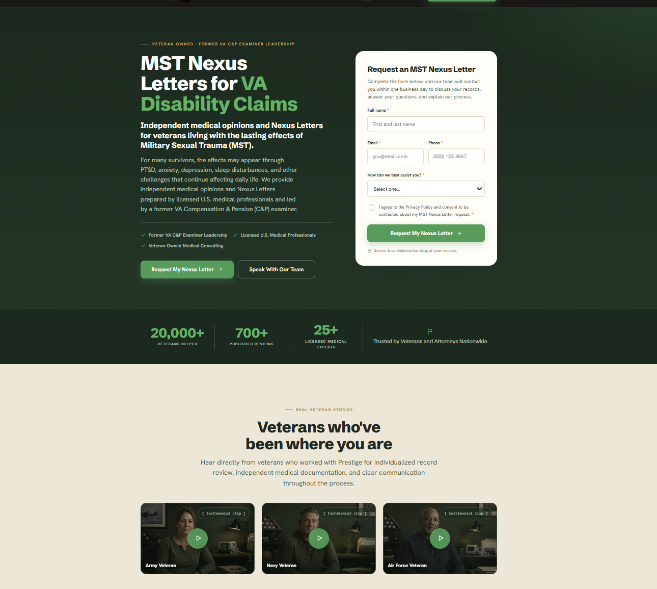 Prestige Veteran Medical Consulting MST Nexus Letters landing page